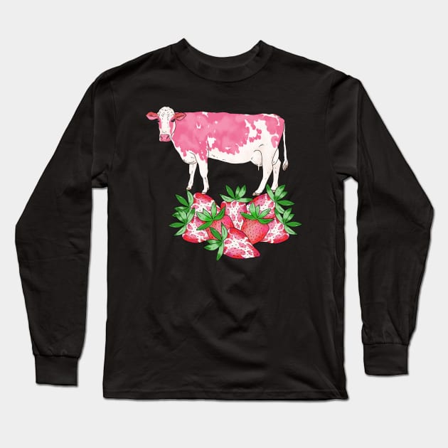 Strawberry Cow Long Sleeve T-Shirt by okpinsArtDesign